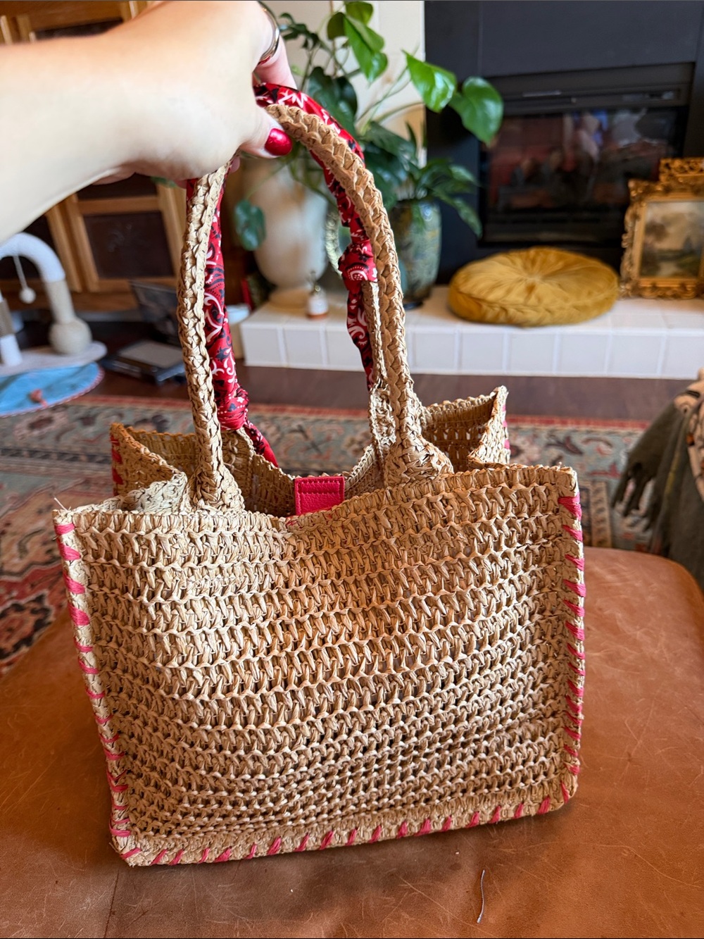 Target Straw Crochet Tote with Pink Embroidered Lobster and Red Scarf Handles - Picture 3 of 3
